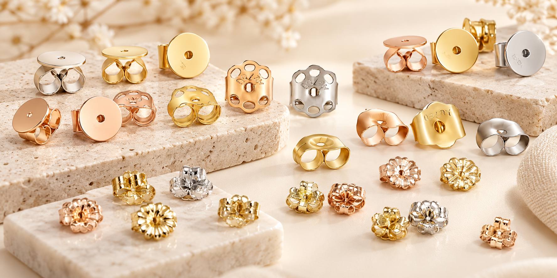 Decorative earring backings in silver, yellow gold and rose gold finishes, including round and flower-shaped designs