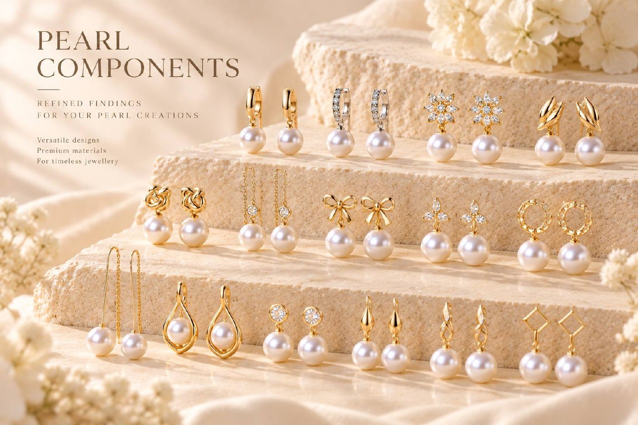Pearl earring components — huggies, hooks and dangles paired with white pearls — on tiered stone steps